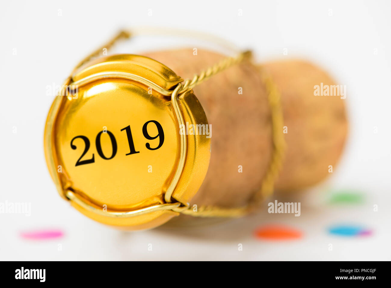 cork stopper of champagne with new year`s date 2019 and copy space Stock Photo